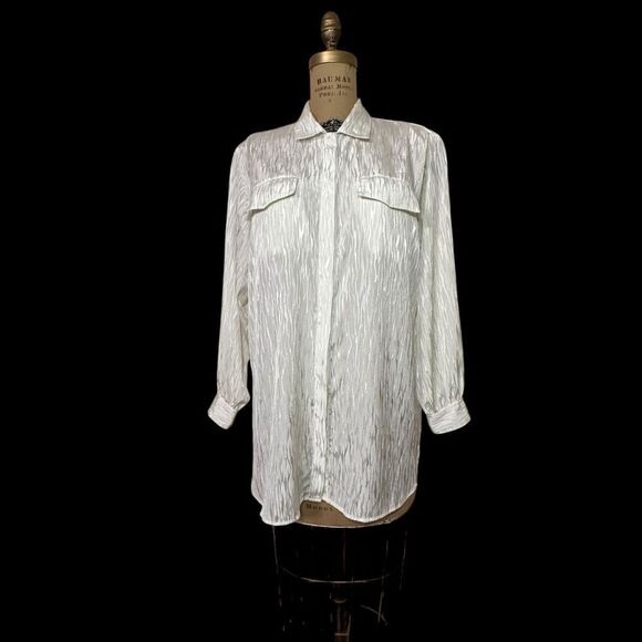 Vintage 90s Adolfo Collectibles White Self pattern Long sleeve Blouse size 9/10 - Picture 2 of 13
